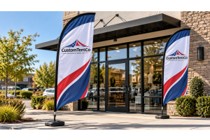 Custom feather advertising flags outside a small business storefront