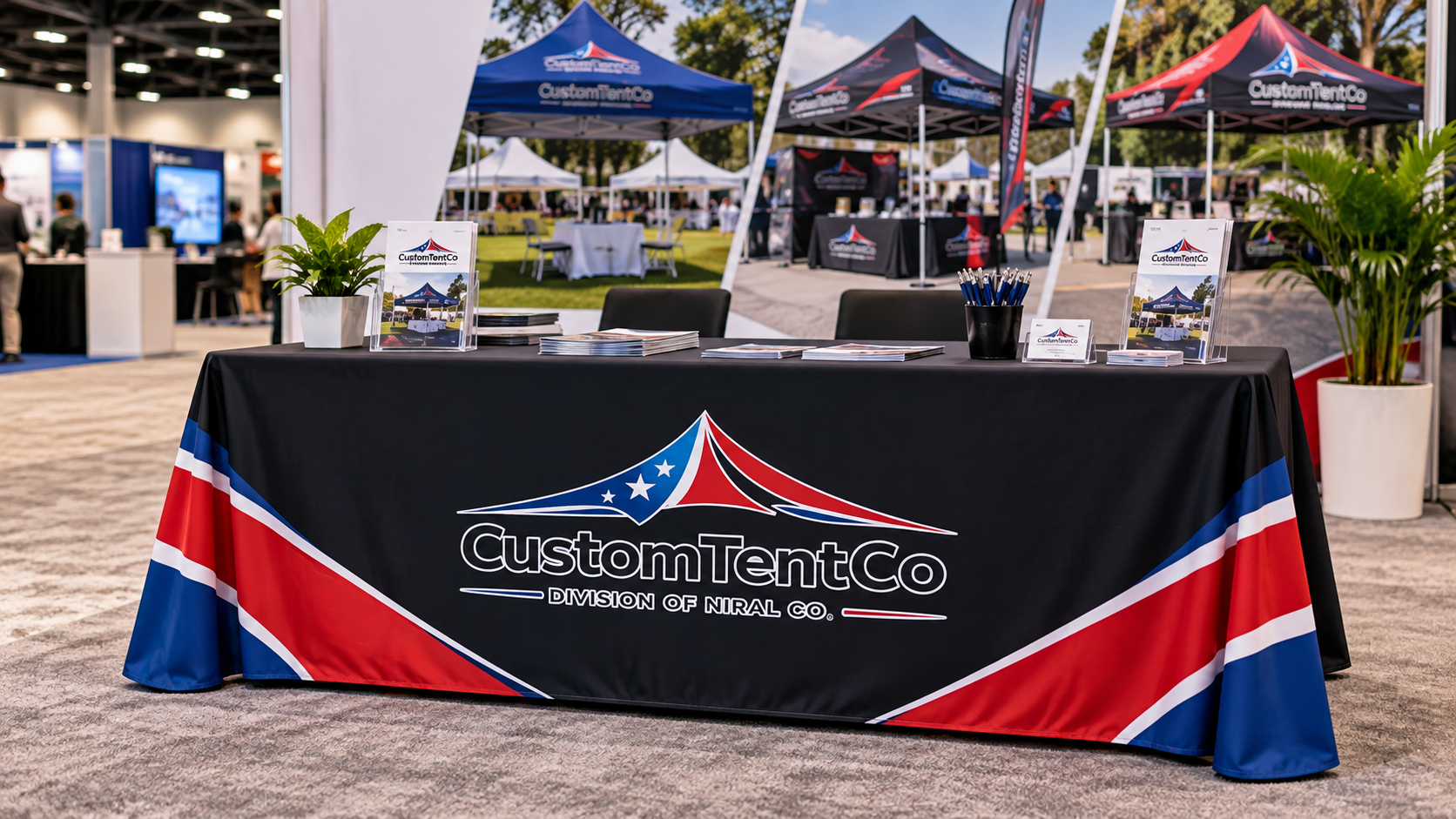 Custom tablecloth with a business logo displayed at a professional trade show booth