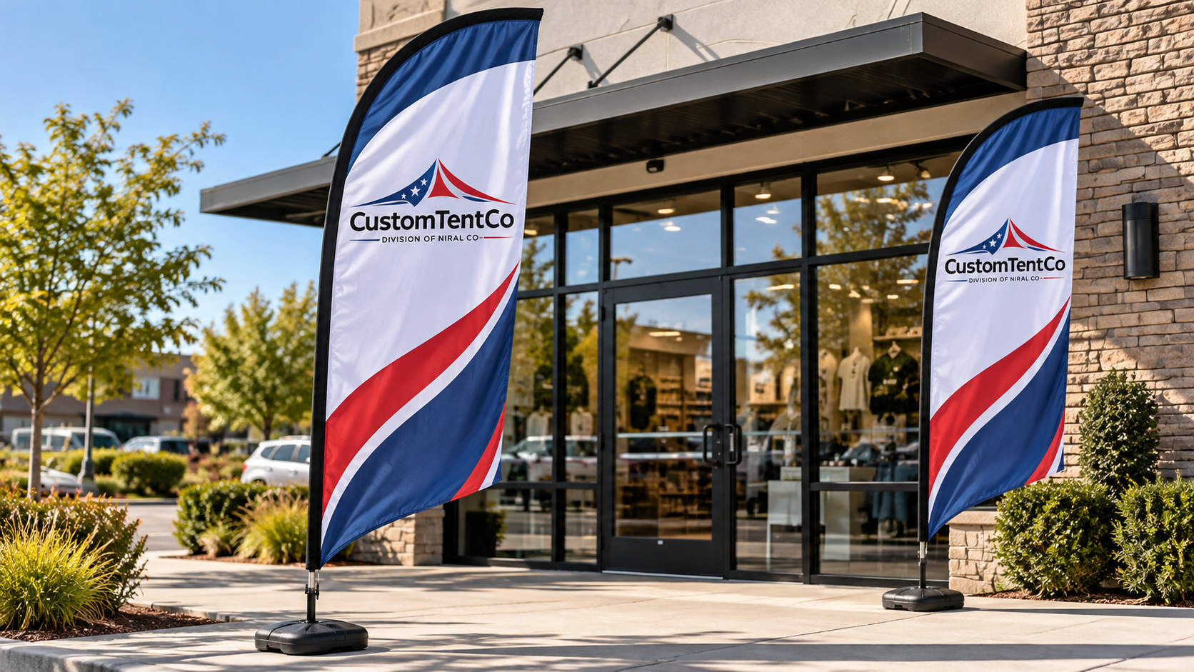 Custom feather advertising flags outside a small business storefront