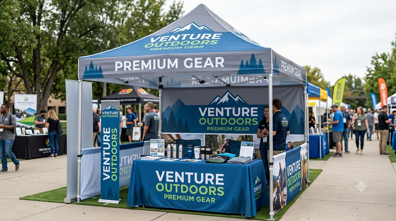 Custom 10×10 branded canopy tent at an outdoor business event